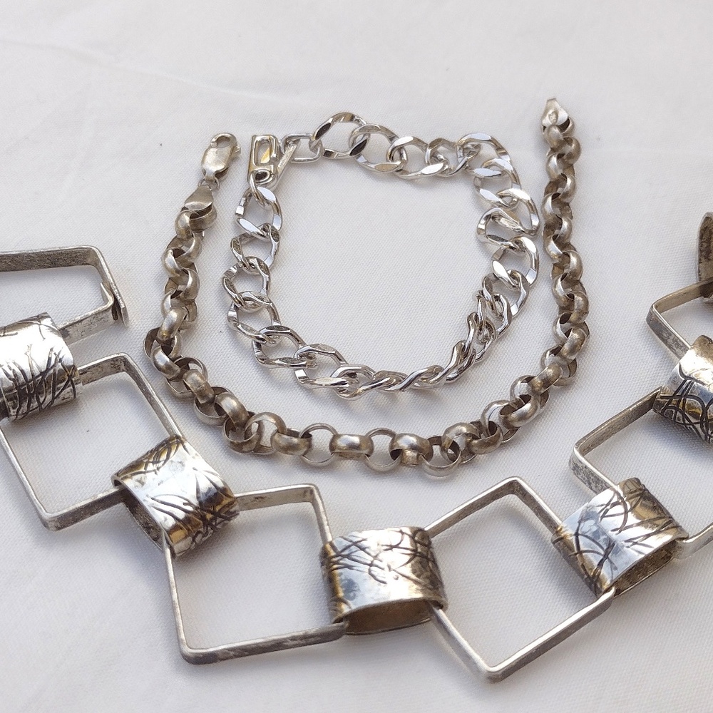 Vintage Mixed Set of 3 / Two Sterling Silver &  One Costume Link Style Bracelets
